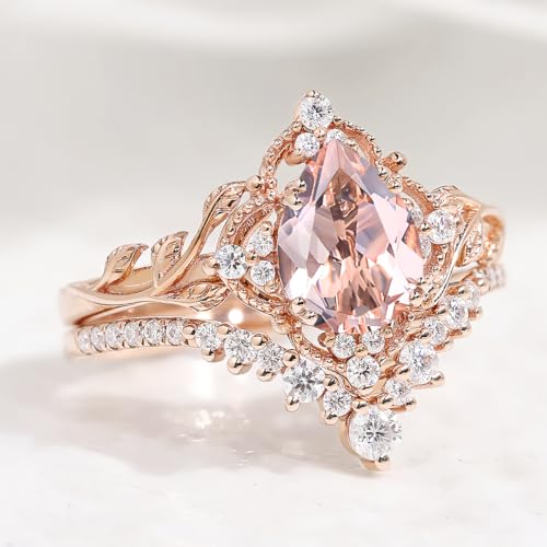 Pear Cut Gemstone Engagement Ring Set - Vintage 2pcs V Shaped Promise Ring in 10K, 14K, 18K White & Yellow Rose Gold4