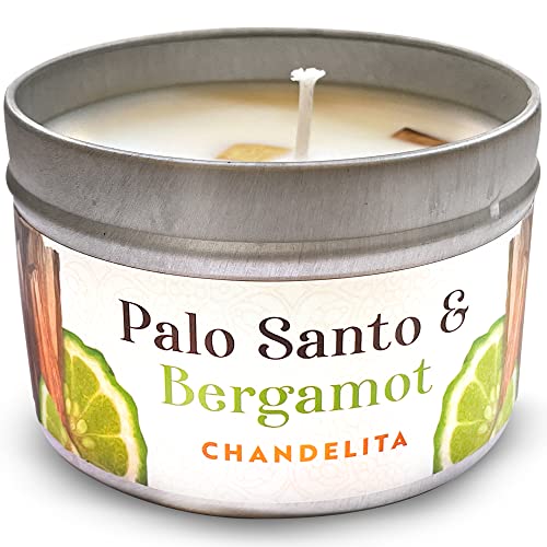 Chandelita Duftkerze mit Palo Santo und Bergamotte - Aroma Kerze - Mit Ätherische Öle Naturrein - Mit Stücken, Mit Sojawachs Zur Reinigung Und Meditation - Chakra Kerze - Aromatherapie Kerze Cover