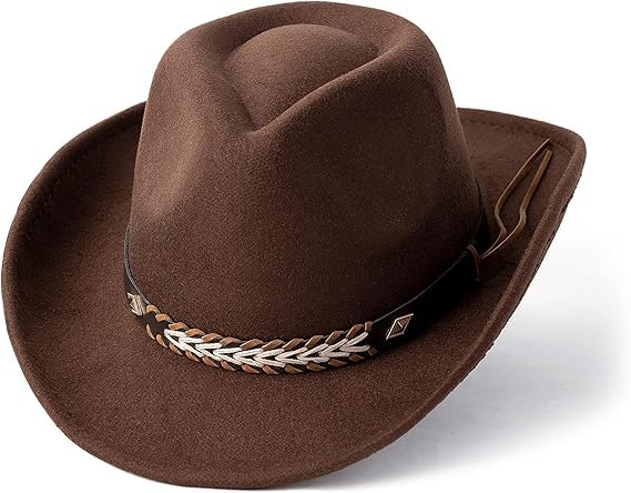 Classic Cowboy Hat Men Women,Felt Fashion Wide Brim Crown Shapeable Handcrafts Western Cowboy Leather Beach Sun Hat. One Size Coffee