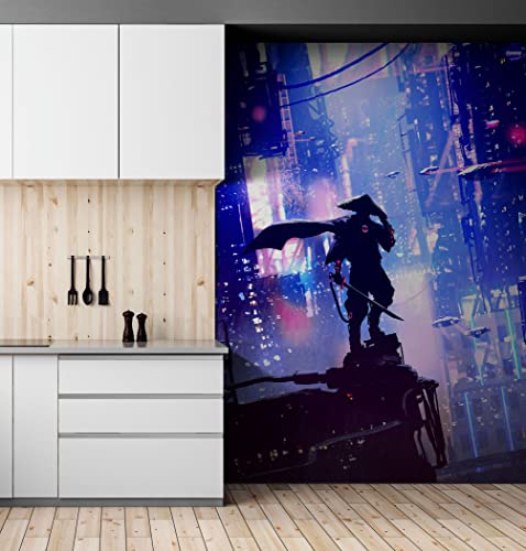 Japanese Samurai In Cyber Futuristic Neon City Of Japan Wall Mural. Anime Style Synth Wave Retro Future. Peel And Stick Wallpaper. #6452 (Small Sample To Try) #TOP2