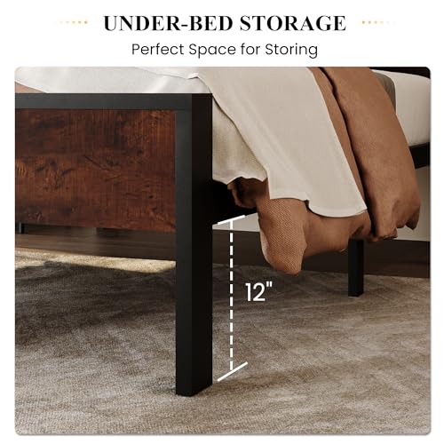 SHA CERLIN 14 Inch Twin Size Metal Platform Bed Frame with Wooden Headboard and Footboard, Mattress Foundation, No Box Spring Needed, Large Under Bed Storage, Heavy Duty Slats Support, Mahogany
