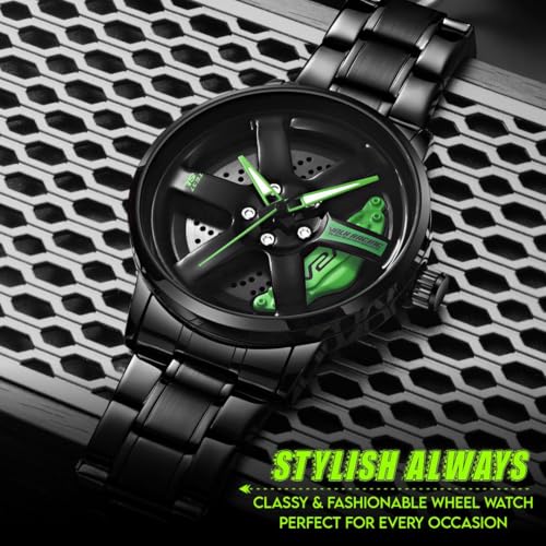 Image of V2A Velocity Wheel Rolling Series Men's Analog Watch Open Dial Watch - Car Wheel-Inspired Design, Hollow Out Elegance Casual Watch for Men | Gift for Men (Black-Green)