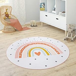 Kindervloerkleed Kinderkamer Meisjes Jongens Ster Maan Olifant Regenboog, Maat:Ø 150 cm rondje, Kleur:Crème