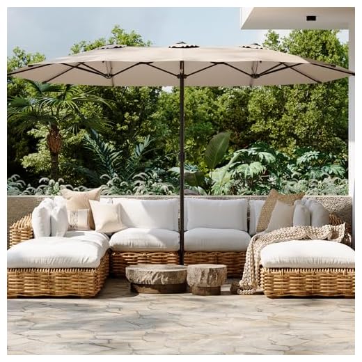 AECOJOY 15x9ft Large Patio Umbrella, Double-Sided Umbrella Outdoor Patio, Rectangle Market Table 177''x104'' Umbrellas with Crank Air Vents for Deck Pool Patio (1.9" Pole, Tan)