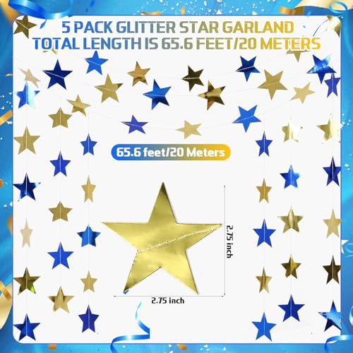 Image of Spakon 65 Feet Glitter Star Shaped Paper Garland Banner Hanging Decoration Star Streamer Double Side 2026 Graduation Decorations for Wedding Birthday New Year Party Decoration (Gold and Blue)