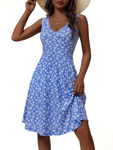 Image of HUHOT Womens Sleeveless V Neck Dress with Pocket Summer Beach Midi Flared Tank Dress