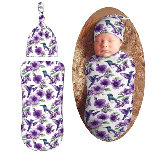 Image of Painting Hummingbirds and Flowers Newborn Swaddle Blankets Hat Sets Soft Baby Receiving Blanket Swaddle Sack for Baby Shower Infant Boy Girl Gift