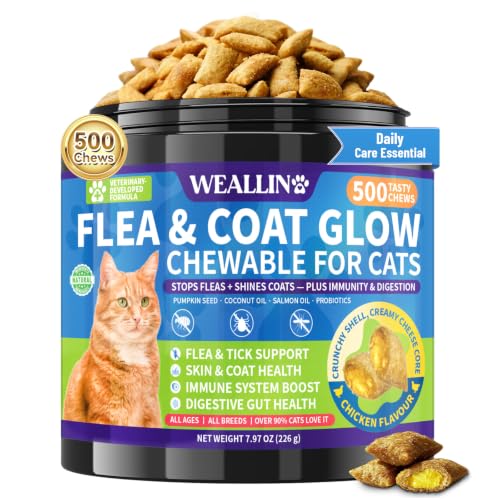 Flea and Tick Prevention for Cats - 500 Crunchy & Creamy Chews Cat Flea Treatment with Skin & Coat Support Oral Natural Flea Chewables for Gut & Immunity Support for All Breeds & Ages Chicken Flavor