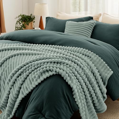 Image of Bedsure Comforter Full Size 5 Pieces - Full Size Comforter Set with Fleece Throw Blanket and Decorative Pillow, Lightweiget Bedding Comforter Sets, All Season Bedding Sets, Emerald Green
