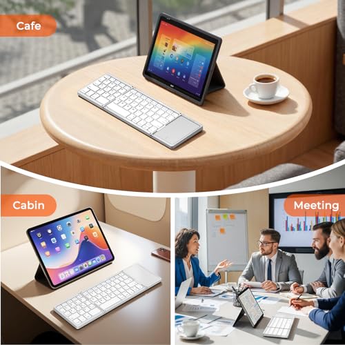 Image of MEETION Foldable Keyboard with Touchpad, Bluetooth Wireless Portable Keyboard, Rechargeable Ultra Slim Pocket Folding Keyboards, Full Size Keys, Travel for iOS Android Windows Laptop PC Tablet White