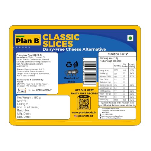Image of PLAN B Classic Cheese Slices | Pack Of 2(150 G Each) | Plant-Based Meltable Cheese Slices | Dairy-Free & Lactose-Free | Perfect for Burgers & Sandwiches
