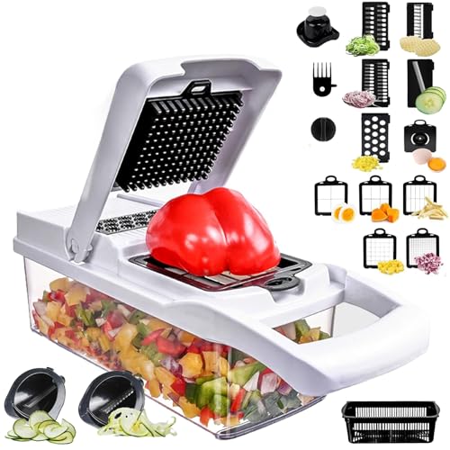 SGAONSN Cortador de Verduras Multifunción, Mandolina de Cocina 22 en 1, Cortador de Verduras Manual, Cortador de Verduras en Cubos Cebolla Zanahoria Pepino Tomates - Rallador de Verduras y Queso