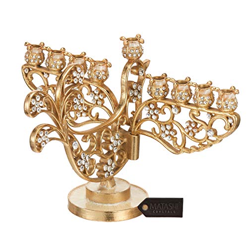 Matashi Gold Painted Dove Hanukkah Menorah Candelabra, Embellished with Crystals - Jewish Candle Holder, Holy Land Gift Showpiece for Living Room