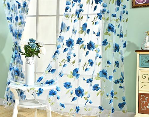Womarket Flower Sheer Window Curtain Panels Floral Voile Door Curtains Drape European Printed Scarf Valance for Living Room Bedroom (39 inch(W) x 78 inch(L), blue)