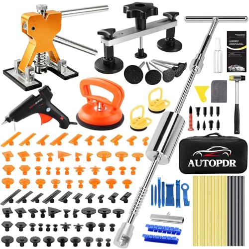 AUTOPDR Car Dent Repair Kit, Dent Remover Kit for Car Dent Puller with High Adhesion Puller Tabs & Glue Sticks, 100W Hot Glue Gun, 2-in-1 T-bar Slide Hammer, Suction Cups, Paintless Dent Removal Kit