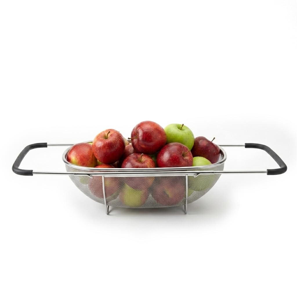 MGE - Scolapasta Acciaio Inox Maglia Fine - Colino Acciaio Inox Maglia Fine - Colino Cucina - Scolapasta con Manico, Filtro per Pasta, Riso, Verdura - Scola Pasta da Cucina Acciaio Inox - 34 x 24 cm