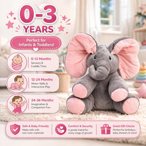 Image of Monex Musical Elephant Plush Toy for Babies & Kids | Peek-a-Boo Singing Elephant with Flappy Ears | Soft Stuffed Animal Interactive Toy for Toddlers, Infants & Gift Purpose (Pink)