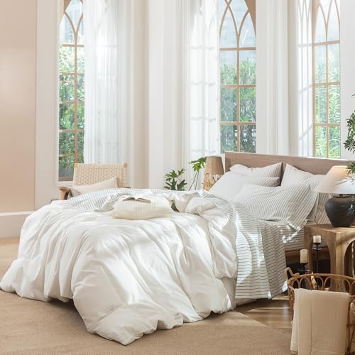 Image of MooMee Striped Sheet Set 100% Washed Cotton Linen Like Queen