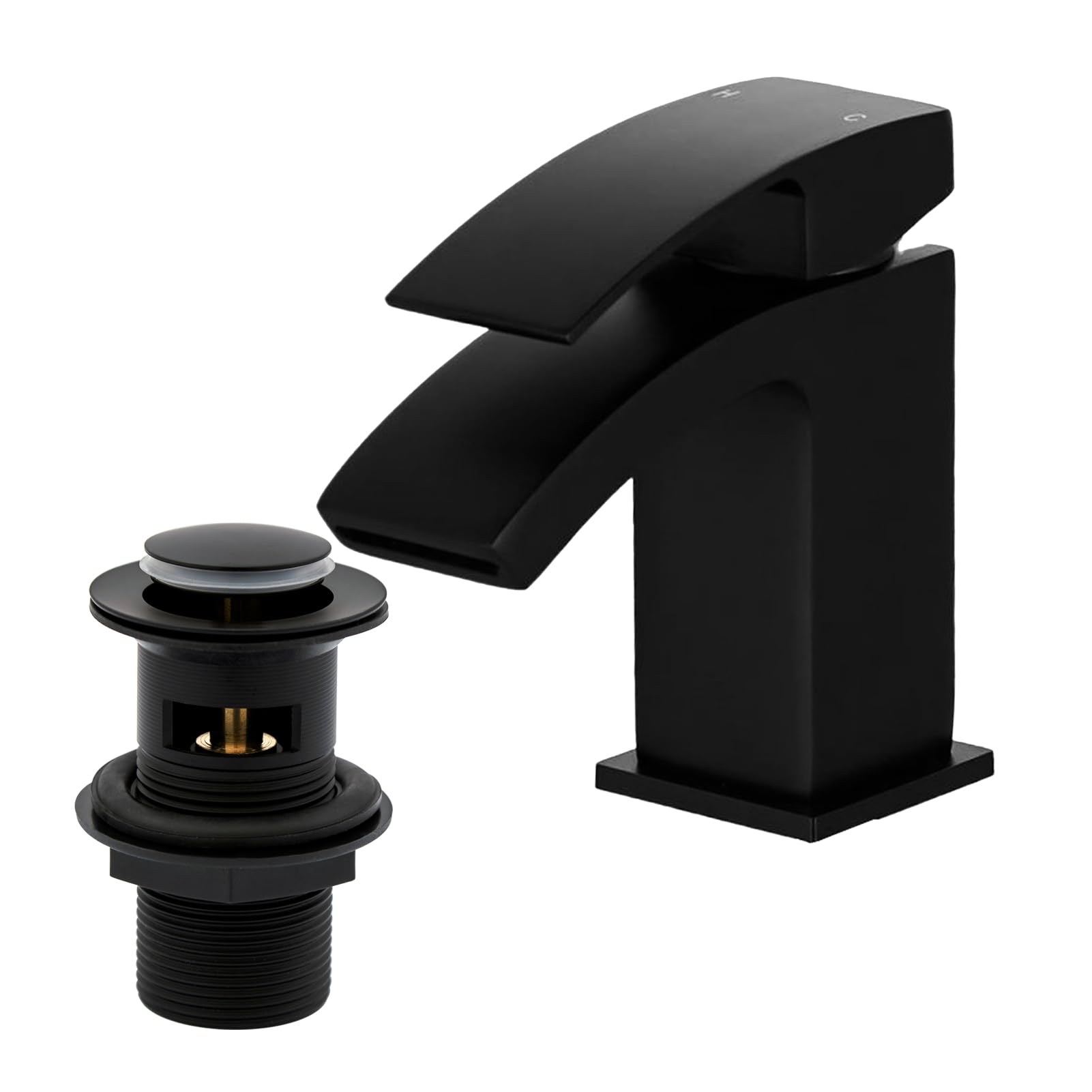 Waterfall Bathroom Sink Taps with Drain, BATHWEST Matte Black Square Basin Taps with Pop Up Waste