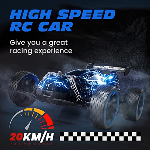 Image of Tecnock RC Racing Car, 2.4Ghz High Speed Remote Control Car, 1:18 2WD Toy Cars Buggy for Boys & Girls with Two Rechargeable Batteries for Car, Gift for Kids(Blue&Light)