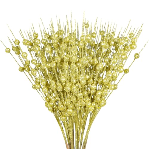12 Piezas Decoración Ramas de Bayas Brillantes Tallos de Bayas Artificiales Dorado Bayas Ramas Bayas Navideñas de Acebo Falso Tallos Bayas de Navidad para Decoración de Invierno Árbol de Navidad,40CM