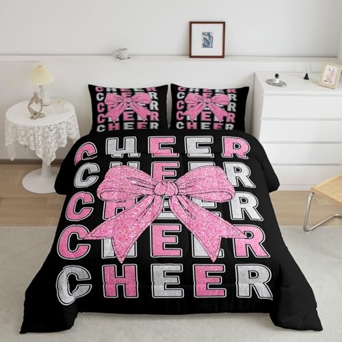 Image of Feelyou Pink Bowknot Cheer Comforter Set All Season Cheerleading Bedding Set with 1 Pillow Cases Glitter Cheerleader Microfiber Kids Twin Bedclothes Cheer Bow Bedroom Decor Duvet Quilt Soft
