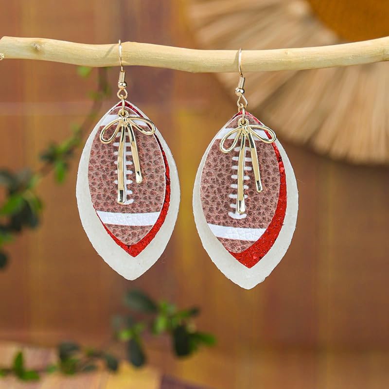 Sports Football Layered PU Leather Glitter Bowknot Drop Dangle Earrings Game Day Cheer Earrings for Women - Image 2