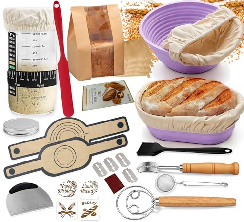 Sourdough Starter Kit 30-PieceRound & Oval Silicone Proofing Baskets with Linen Liners Starter Jar with Temperature Strip 7-Day Guide Danish Whisk & Bread LameComplete Home Baking Set for Beginners