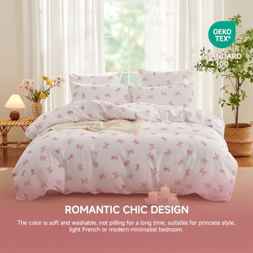 Image of Girls Duvet Cover Set Full Size,Pink White Bow Ties Pattern Bedding Set for Adults Kids Romantic Style,Soft Chic Microfiber Comforter Cover Sets with Zipper Closure and 2 Pillowcases