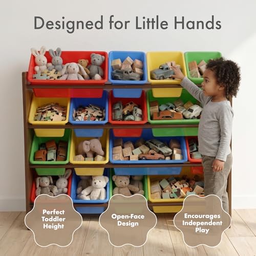 Image of Humble Crew Toy Storage Organizer with 16 Removable Storage Bins for Kids Playroom, 4-Tier Toddler Toy Organization and Storage, Walnut /Primary