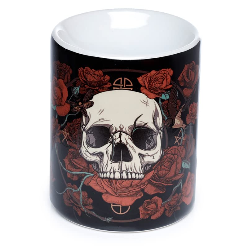 Puckator Skulls and Roses Printed Oil Burner -Ceramic -Living Room Accessories - Wax Liquidizer - Oil Burners For Essential Oils - Wax Burners - Scents Melter - Wax Melt Holder - Room Fragrance