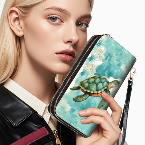 Sea Turtle Print Women Large Capacity Wallet PU Leather Double Zipper Clutch Purse for Smart Phone/Card/Coin/Cash 7