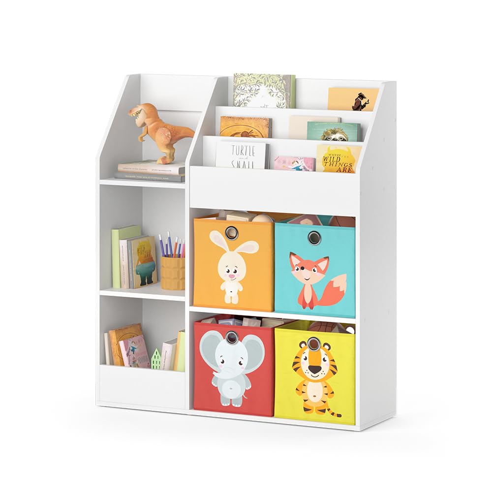 Vicco Bibliothèque Enfant Luigi, Blanc, 100.4x114.2cm avec 4 boîtes Pliantes (Multicolores), combinable pour Le Rangement des Jouets et des Livres
