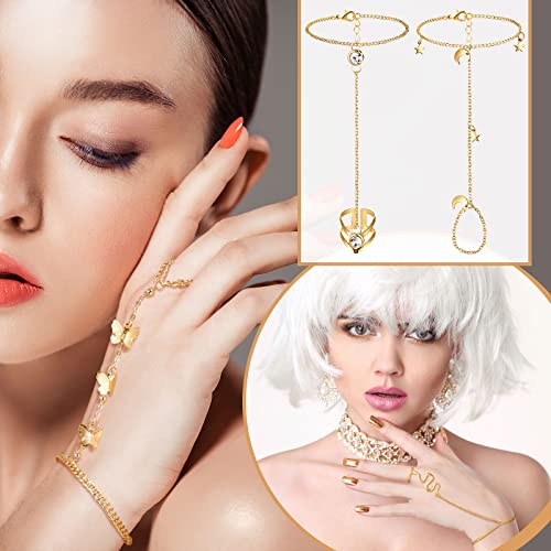 Fumete 6 pcs Finger Ring Bracelet Linked Rhinestone Hand Harness Chain Slave Bracelet with Ring Everyday Jewelry for Women4