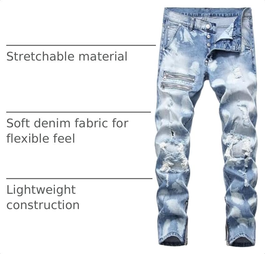 Image of HENGAO Mens Ripped Jeans Stretch Skinny Jeans with Zipper Size 28-48
