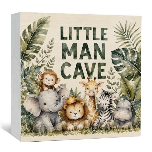 GWOKPAAI Jungle Animal Nursery Wooden Box Signs Desk Decor, Kids Room Decor, Little Man Cave Botanical Wooden Signs Desk Decorations for Kid Boys Room Bedroom Playroom Tabletop Shelf Wall, 5x5in