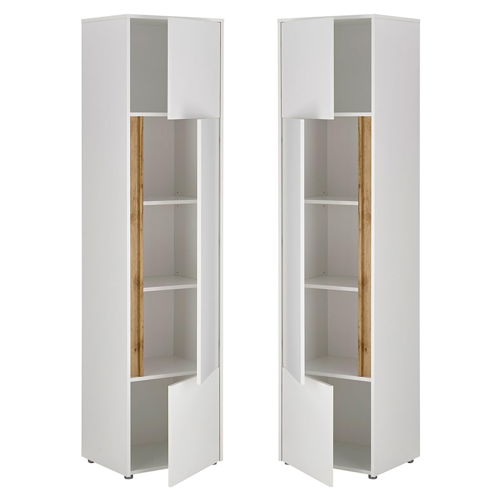 Lomadox Büromöbel Set weiß mit Eiche 6-teilig modern, 1 Schreibtisch, 1 Regal, 1 Kommode, 2 Stauraumschränke, 1 Aktenregal