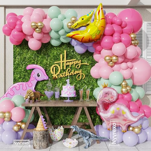 156Pcs Pink Dinosaur Balloon Garland Arch Kit, Pastel Pink Green Purple Metallic Gold Balloons, Large Dinosaur Foil Balloons for Girl Dino theme Birthday Party Jungle Baby Shower Decorations