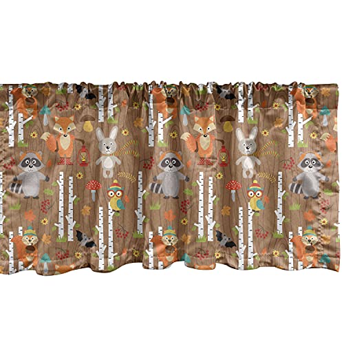 Ambesonne Woodland Window Valance, Cartoon Pattern With The Animals Of The Forest On Wood Background Seasonal Theme, Curtain Valance For Kitchen Bedroom Decor With Rod Pocket, 54" X 12", Brown Grey #TOP10