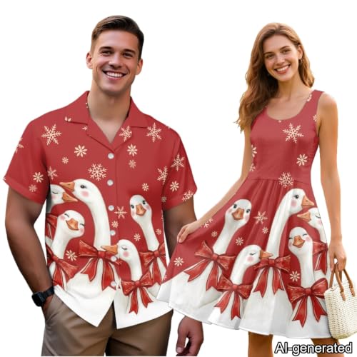 Image of Dreaweet Summer Dresses for Women A-Line Sleeveless Flowy Sun Dresses,Men's Casual Button-Down Shirts,Couple Matching Outfits