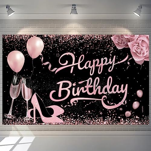 Happy Birthday Banner Gold Happy Birthday Backdrop 1.1 x 1.8m Birthday Photo Backdrop Backgroud for Birthday Anniversary Party(Black Gold)