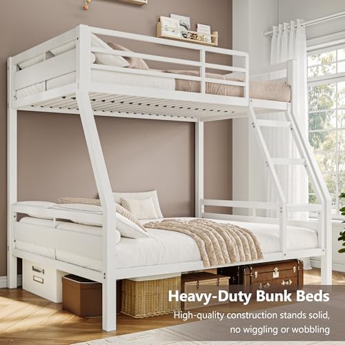 Image of iPormis Metal Bunk Bed Twin Over Full, Heavy Duty Bunk with High Guardrail and Safety Entrance Design, Under-Bed Storage Space, Easy Assembly, Noise Free, White