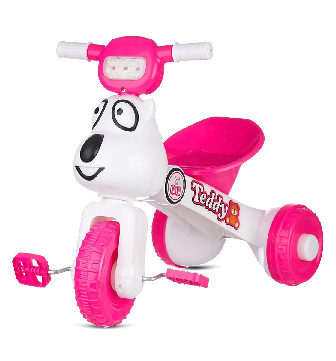 Dash Teddy Foldable Tricycle for Kids with Light and Music | Baby Cycle and Kids Ride-On Trike for 1 to 3 Years | Strong & Safe Design with 20Kg Capacity (Pink)