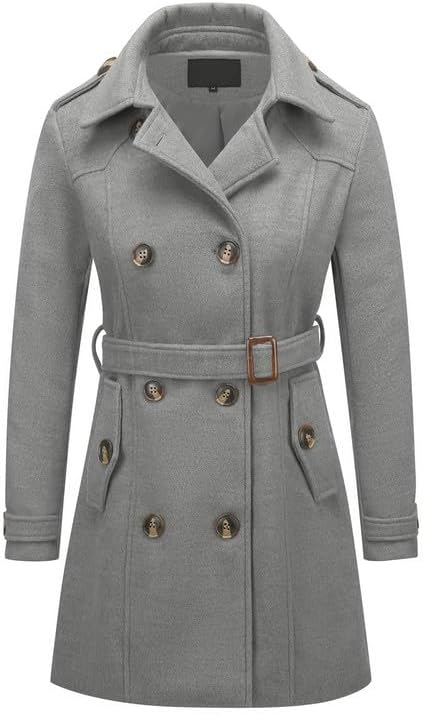 Rasujie Womens Pea Coat Double Breasted Wool Coat Long Winter Trench Coat with Belt