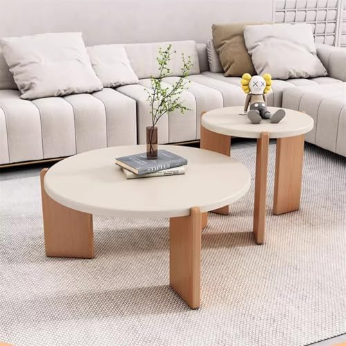 HFVUYAR Mesa de Centro Moderna y Minimalista, Juego de 2 mesas auxiliares Circulares, de Madera Color Crema y Blanco, para Sala de Estar, Dormitorio y balcón.