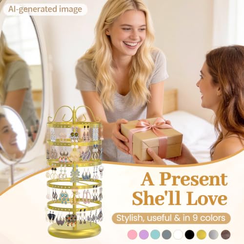 Image of MODOWEY Rotating Earring Holder Organizer Stand, 5 Tier Metal Tree Display for Women Vendors, 220 Holes Adjustable Jewelry rack for Stud Hoop Dangle Storage, Trendy Carousel Keeps Dresser Neat, Gold