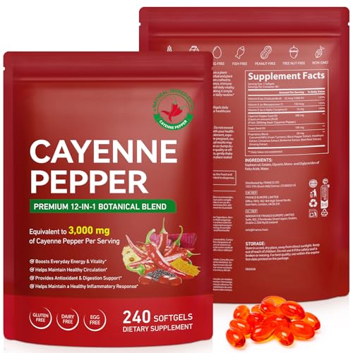 Cayenne Pepper Capsules 240 Softgels - 12-in-1 Capsaicin Supplements with Vitamin D3 K2 & E Turmeric Beet Root Black Pepper Extrac - Supports Blood Circulation Digestive Health Daily Energy