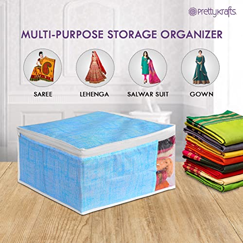PrettyKrafts Set of 3 Foldable Saree Covers/Wardrobe Organizer With Transparent Window And Zip/Clothes Storage Bag For Women's Lehenga, Suit Saree & Other Accessories,(Size 40 x 33 x 19 CM),Jute Blue 2 51wHP3waQFL