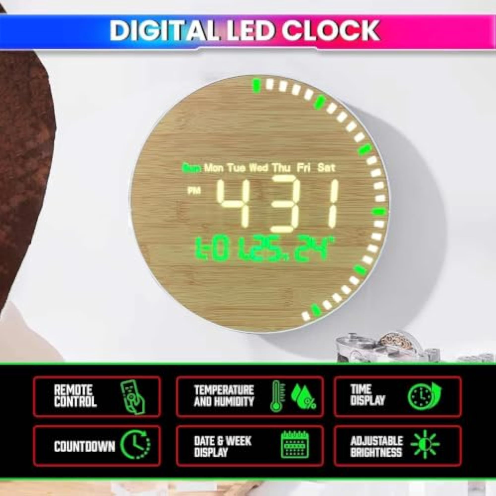 Wooden Design Digital Wall Clock with Remote Control