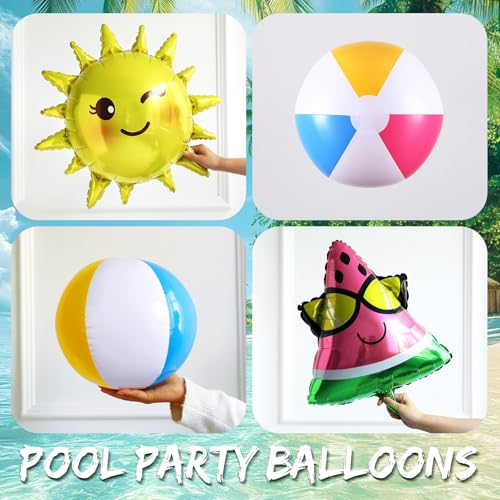 Image of 134Pcs Tropical Summer Beach Pool Party Balloon Garland Arch Kit,with Inflatable Beach Balls,Watermelon,Sun Foil Balloons for Hawaiian Luau Birthday Graduation Party Decorations - Hot Pink Yellow Blue